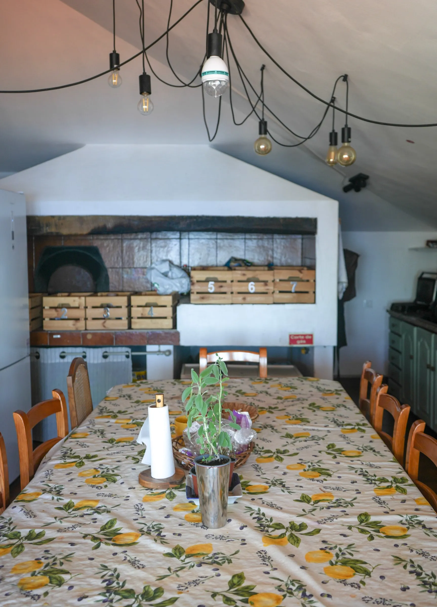 Long shared dining table beneath string lights beside the stone fireplace